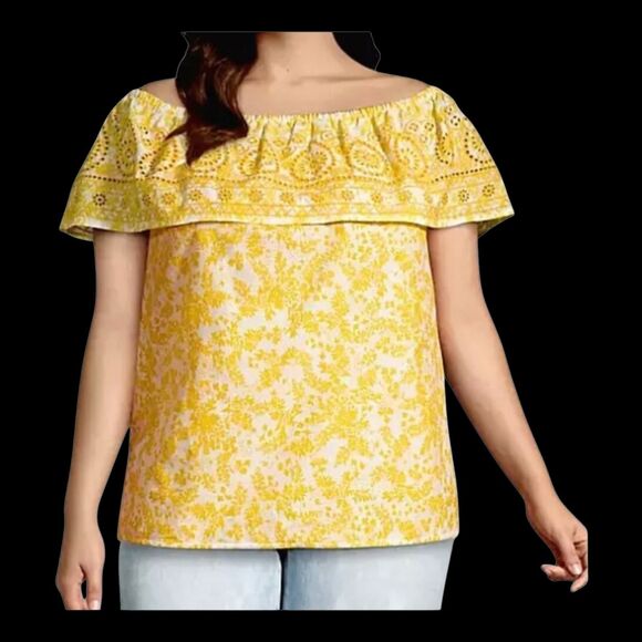 Lane Bryant Embroidered Eyelet Off Shoulder Blouse Boho Goldenrod 22 24 COTTON - Picture 8 of 16